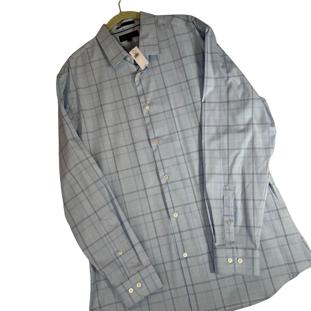 Banana Republic NEW Mens Athletic Fit Dress Shirt L Blue Plaid Wrinkle Resistant